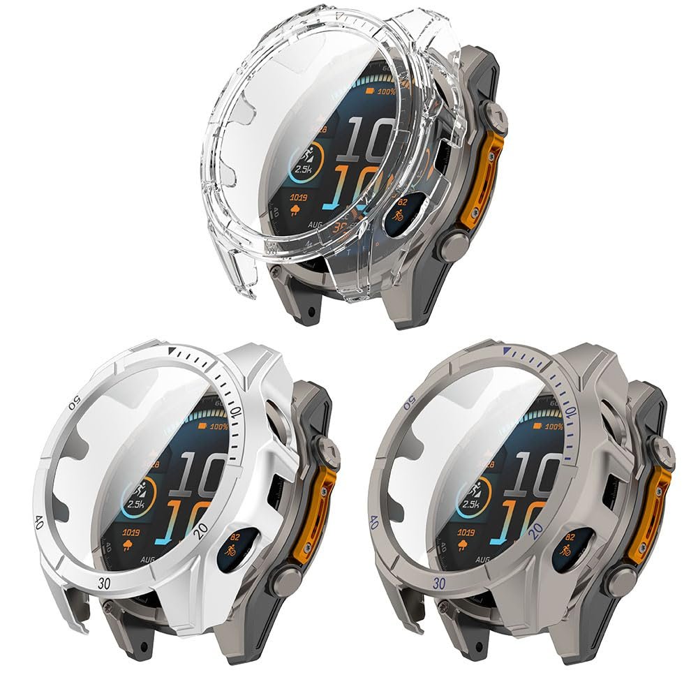 3 Pack Hard Case with Screen Protector for Garmin Tactix 8 AMOLED 47mm/51mm, Ultra-thin PC Protective Shockproof Bumper Cover (Clear/Silver/Dark Gray, Garmin Tactix 8 AMOLED 51mm)
