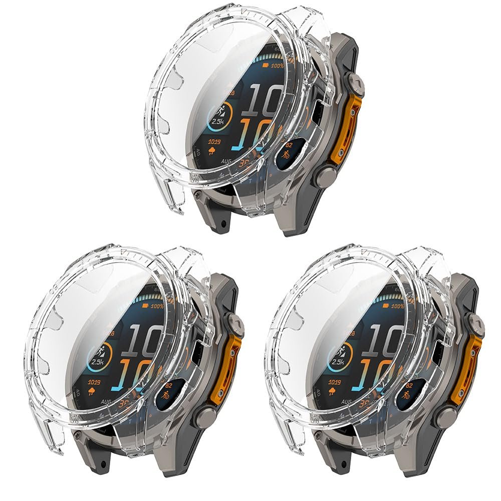 3 Pack Hard Case with Screen Protector for Garmin Tactix 8 AMOLED 47mm/51mm, Ultra-thin PC Protective Shockproof Bumper Cover (Clear/Clear/Clear, Garmin Tactix 8 AMOLED 47mm)