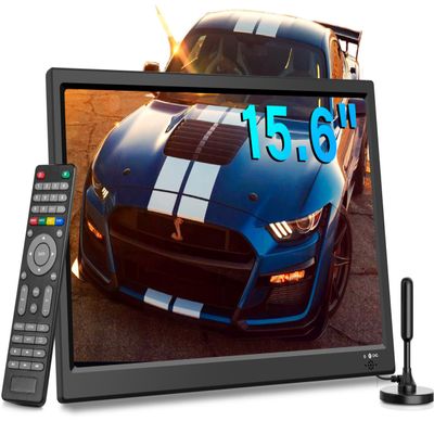 Feihe 15.6 inch Small Kitchen TV with ATSC Tuner/HDMI/USB/AV, Built-in TV Steel Stand and Remote Control for Bedroom,RV,Camping,Outdoor or Office