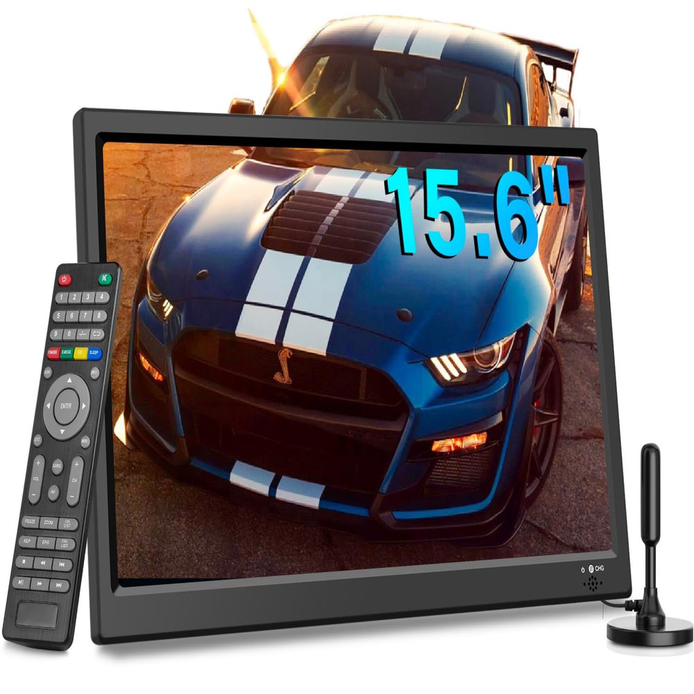 Feihe 15.6 inch Small Kitchen TV with ATSC Tuner/HDMI/USB/AV, Built-in TV Steel Stand and Remote Control for Bedroom,RV,Camping,Outdoor or Office