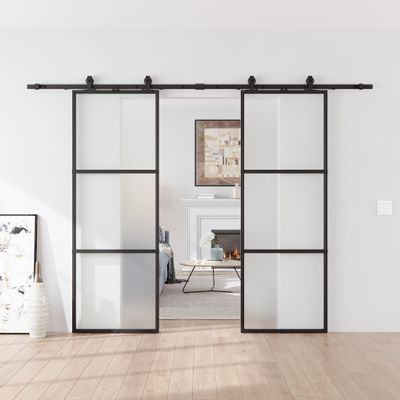 84 x 84 in Metal and Glass Sliding Double Barn Door with Installation Hardware Kit (Soft-Close Included)