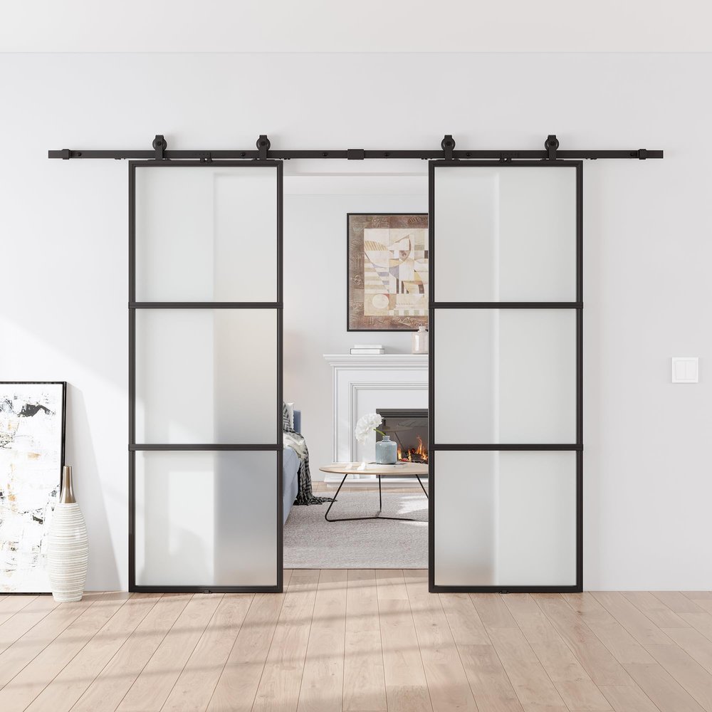 84 x 84 in Metal and Glass Sliding Double Barn Door with Installation Hardware Kit (Soft-Close Included)