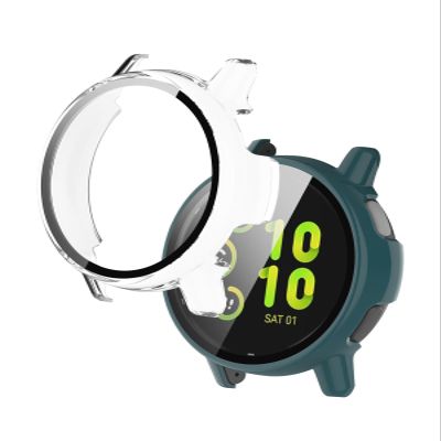 Case for Garmin vivoactive 6 Health and Fitness GPS Smartwatch,WUNIAK Hard PC Screen Protector,9H Tempered Glass Ultra-Thin Full-Coverage Shockproof Bumper,(2Pack,Transparent+Green)