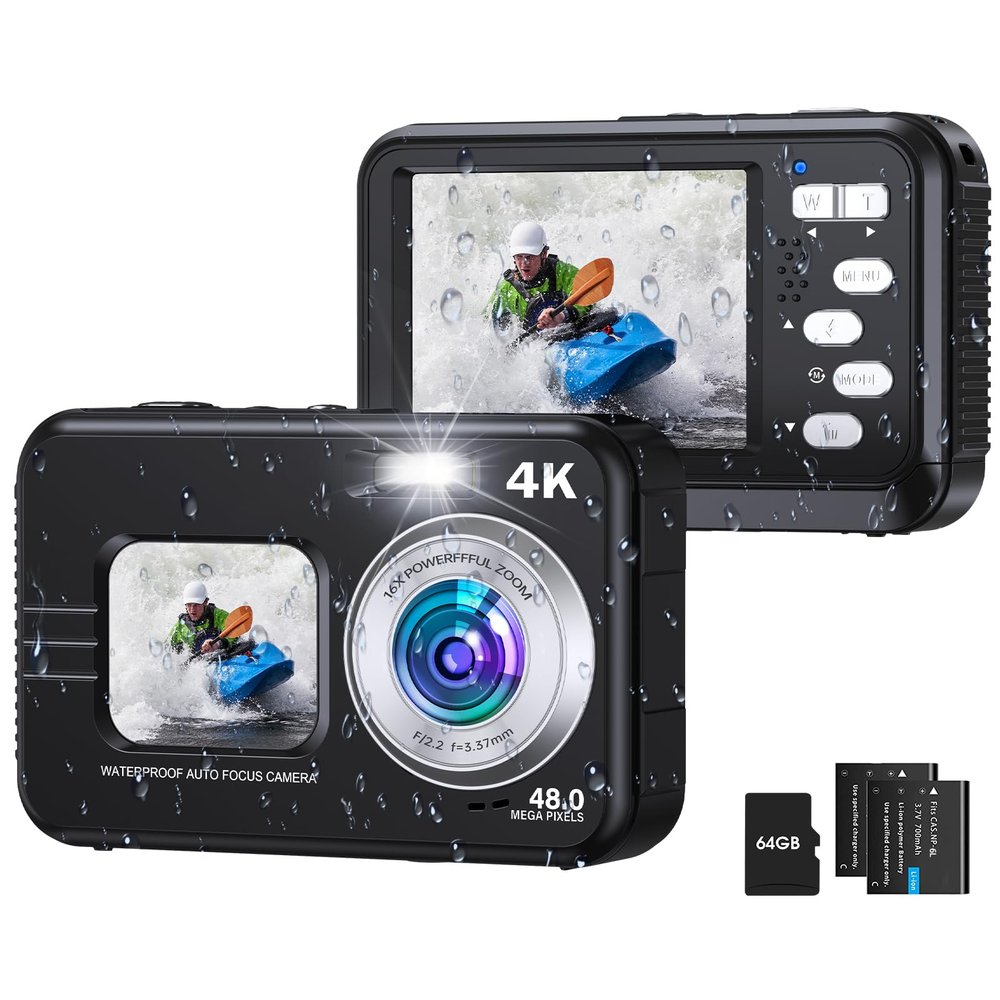 Underwater Camera, Selfie Dual Screens 4K 48MP 11FT Autofocus Waterproof Digital Camera for Snorkeling,16X Zoom, 64GB Card, 2 Batteries, Fill Light (Black)