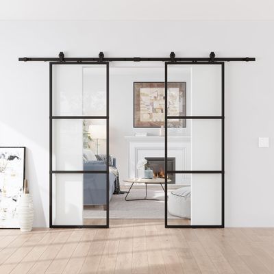 48 x 84 in Metal and Glass Sliding Double Barn Door with Installation Hardware Kit (Soft-Close Included)