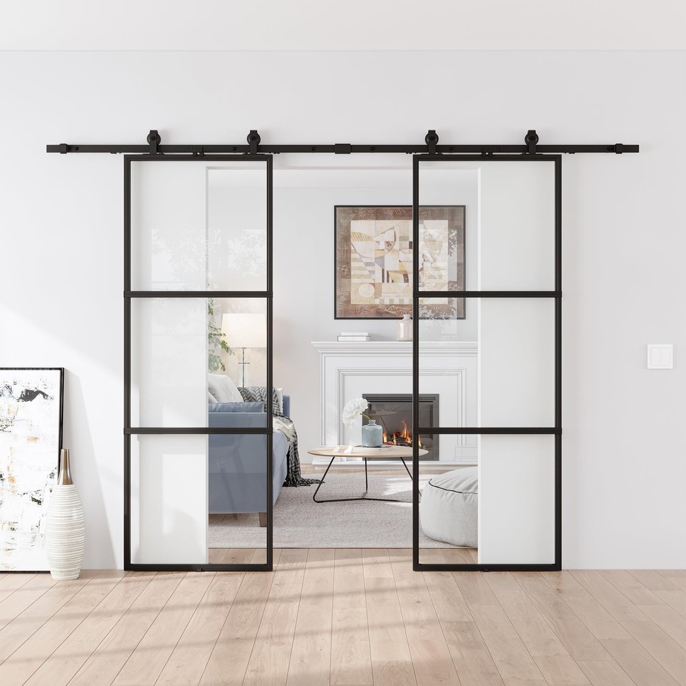48 x 84 in Metal and Glass Sliding Double Barn Door with Installation Hardware Kit (Soft-Close Included)