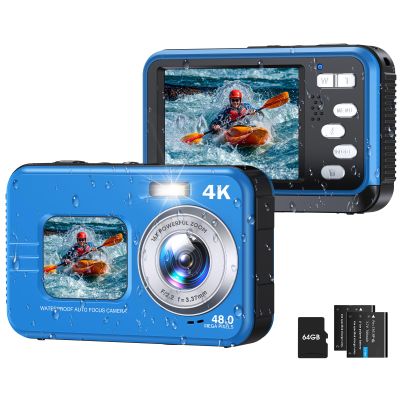 Underwater Camera, Selfie Dual Screens 4K 48MP 11FT Autofocus Waterproof Digital Camera for Snorkeling,16X Zoom, 64GB Card, 2 Batteries, Fill Light (Blue)