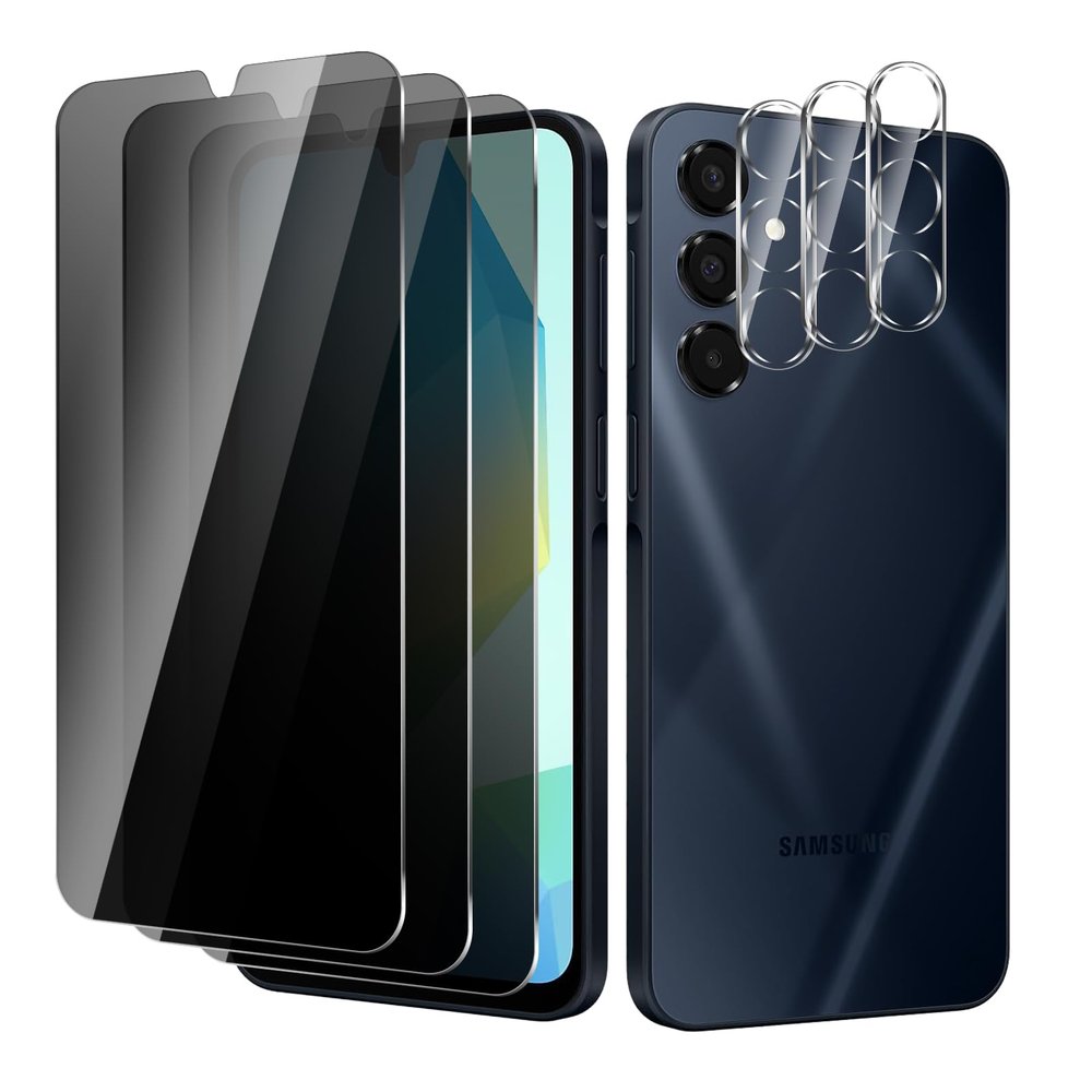 BIESHKJ 3 Pack For Samsung Galaxy A16 Privacy Screen Protector + 3 Pack Camera Lens Protector, 9H Hardness Anti-Spy Tempered Glass, Scratch-Resistant (Samsung Galaxy A16)