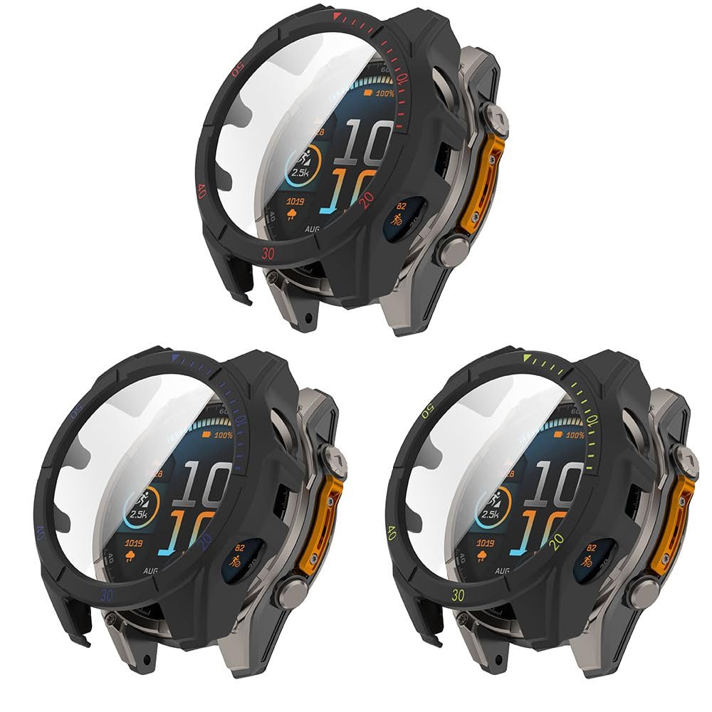 3 Pack Hard Case with Screen Protector for Garmin Tactix 8 Solar 47mm 51mm, Ultra-thin PC Protective Case Shockproof Anti-Scratch Cover (Black&Red/Black&blue/Black&Green, Garmin Tactix 8 Solar 51mm)