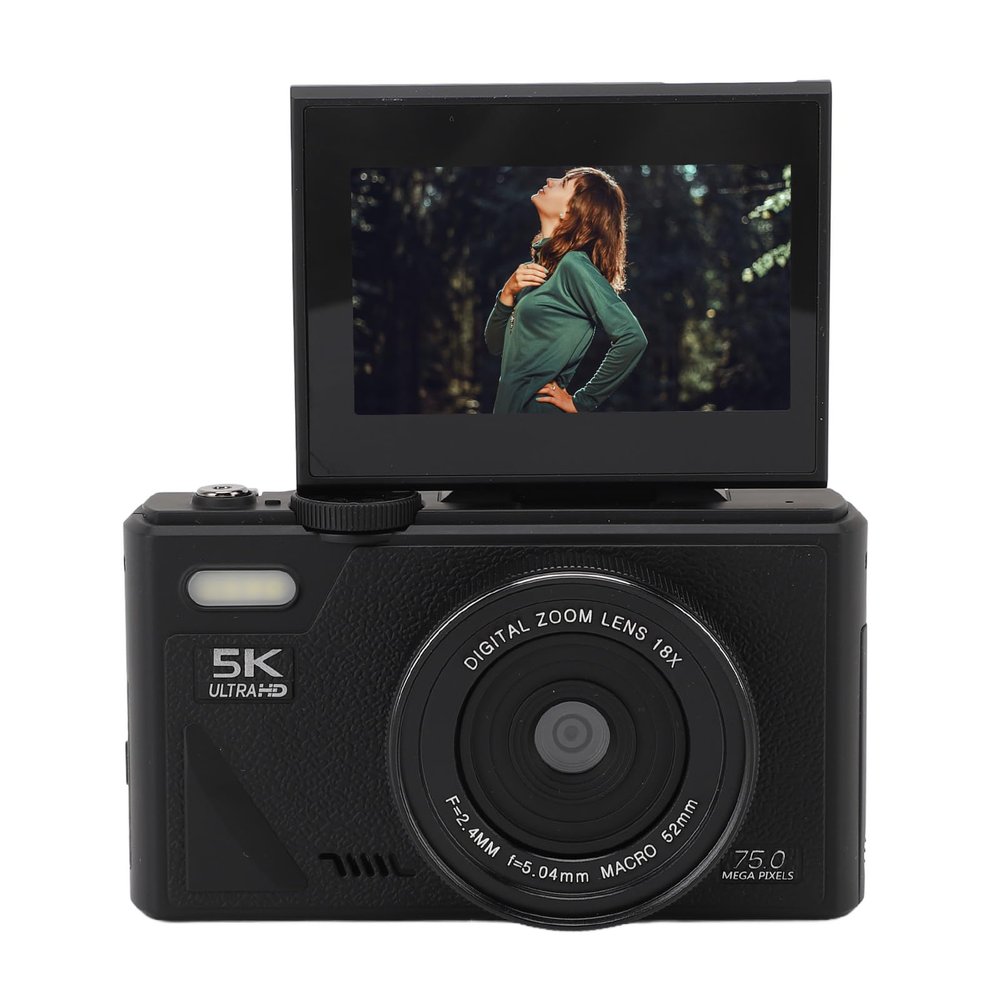 5K Digital Camera for Photography, 75MP HD Autofocus Video Camera 180 Flip Screen with 18X Digital Zoom, 128GB Expandable (Black)