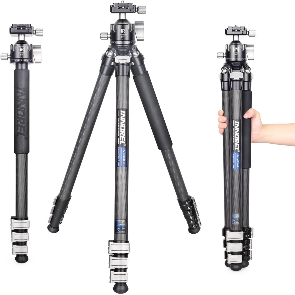 KT254CF-INNOREL Carbon Fiber Professional Fast Flip Buckle Tripod 25.6mm Tube Compact Lightweight Stand with D36 Low Profile Double U Notch Ball Head for Digital DSLR Video Camcorder Max Load 15kg