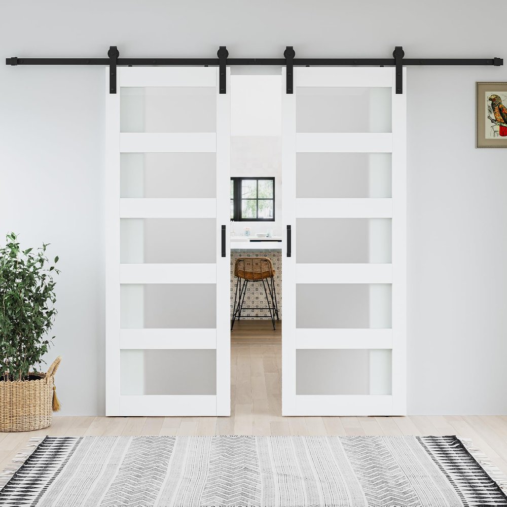 48 x 84 inch (Double 24x84 Door) Glass Barn Door with Sliding Hardware Kit,Fit 44-46in Wide Opening