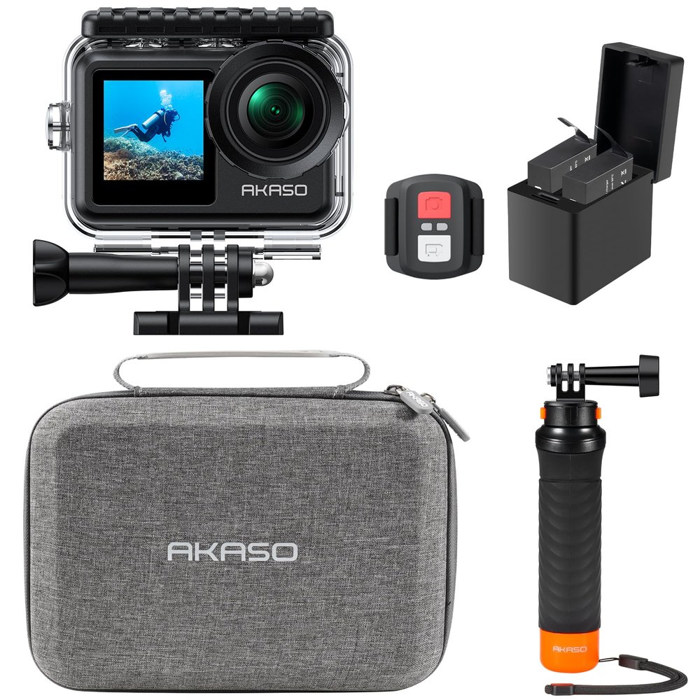 AKASO Brave 7 LE 4K30FPS 20MP WiFi Action Camera with Touch Screen EIS 2.0 Zoom Remote Control 131ft Waterproof Underwater Camera with Waterproof Floating Hand Grip and Carrying Case Bundle