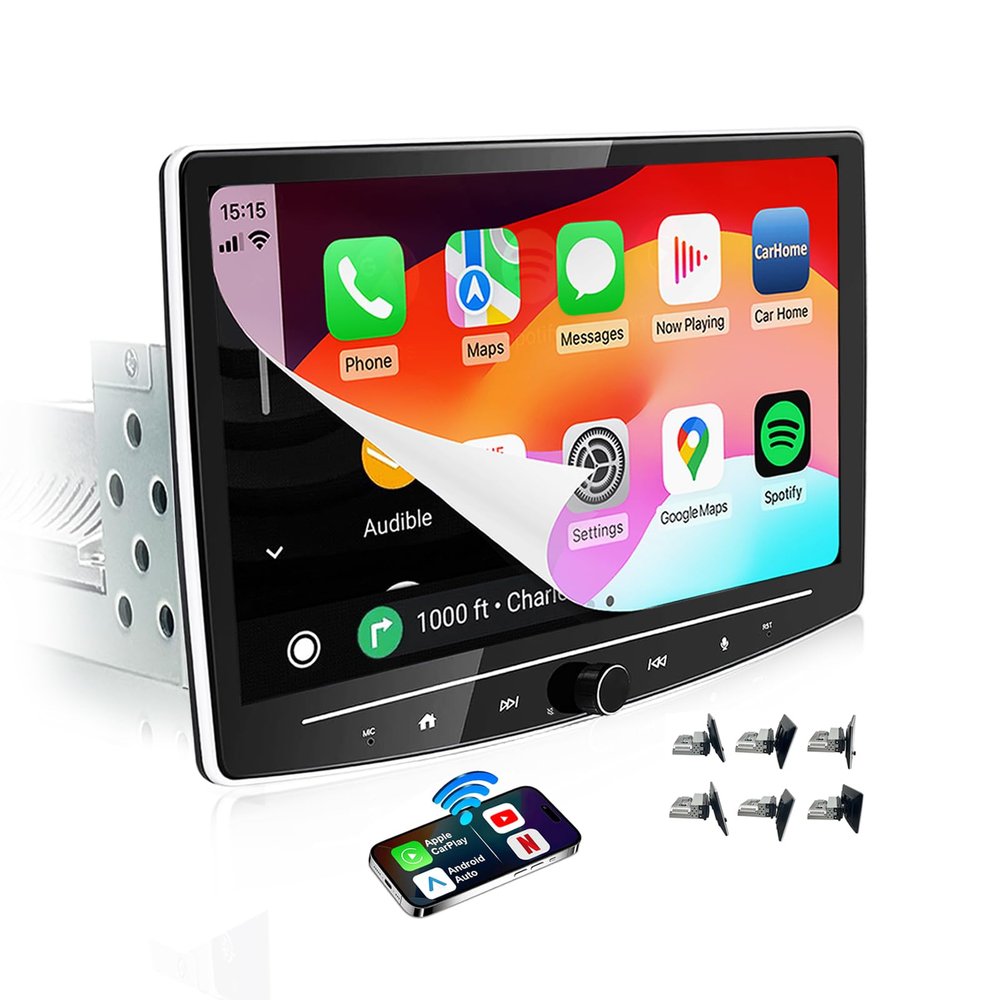 10 Inch Single DIN Car Stereo with QLED Touchscreen, Wireless Apple CarPlay & Android Auto Radio, Supports YouTube, Netflix, TikTok, 240W Audio, 32GB Storage, GPS Navigation & Bluetooth