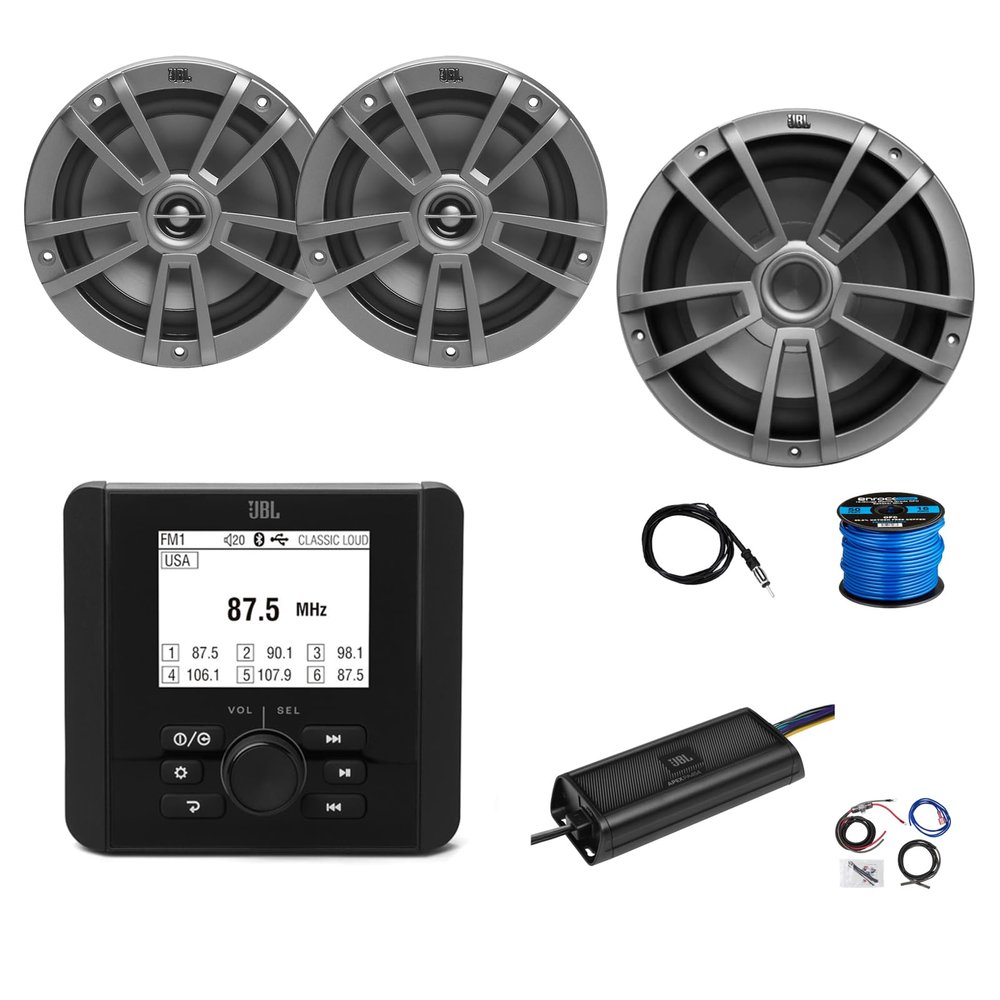 Marine Gauge Style Bluetooth AM/FM Radio Receiver, 2X 6.5 180 Watt 2-Way Multi-Element Audio Speakers (Gray), Wire, Antenna, 10" Subwoofer, 4-Channel 450W Amplifier w/Kit
