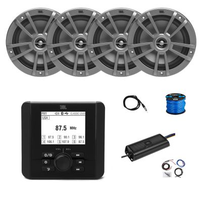Marine Gauge Style Bluetooth AM/FM Radio Receiver, 4X 6.5 180 Watt 2-Way Multi-Element Audio Speakers (Gray), Wire, Antenna, 4-Channel 450W Amplifier w/Kit