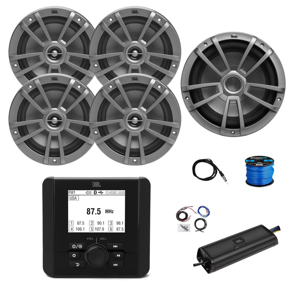 Marine Gauge Style Bluetooth AM/FM Radio Receiver, 4X 6.5 180 Watt 2-Way Multi-Element Audio Speaker (Gray), Wire, Antenna, 10" Subwoofer, 4-Channel 1250W Amplifier w/Kit
