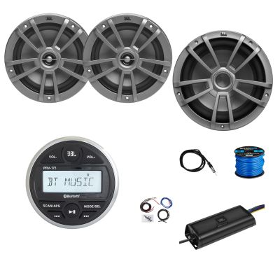 Marine Gauge Style Bluetooth AM/FM Receiver, 2X 6.5 180 Watt 2-Way Multi-Element Audio Speakers (Gray), Wire, Antenna, 10" Subwoofer, 4-Channel 450W Amplifier w/Kit
