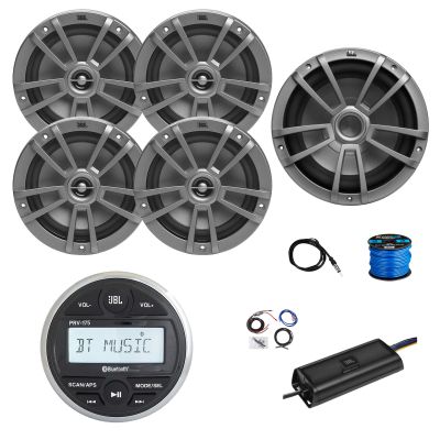 Marine Gauge Style Bluetooth AM/FM Receiver, 4X 6.5 180 Watt 2-Way Multi-Element Audio Speakers (Gray), Wire, Antenna, 10" Subwoofer, 4-Channel 450W Amplifier w/Kit