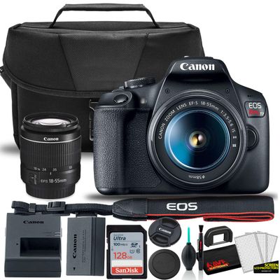 Canon EOS Rebel T7 DSLR Camera with 18-55mm Lens Starter Bundle + Includes: EOS Bag + Ultra 128GB Card + Clean and Care Kit + More
