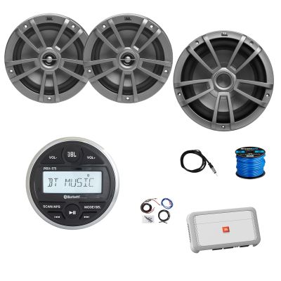 Marine Gauge Style Bluetooth AM/FM Receiver, 2X 6.5 180 Watt 2-Way Multi-Element Audio Speakers (Gray), Wire, Antenna, 10" Subwoofer, 4-Channel Amplifier w/Kit