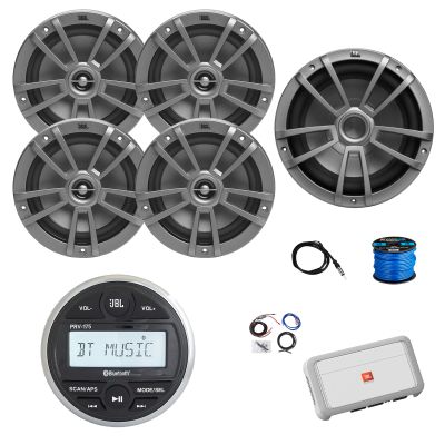 Marine Gauge Style Bluetooth AM/FM Receiver, 4X 6.5 180 Watt 2-Way Multi-Element Audio Speakers (Gray), Wire, Antenna, 10" Subwoofer, 4-Channel Amplifier w/Kit