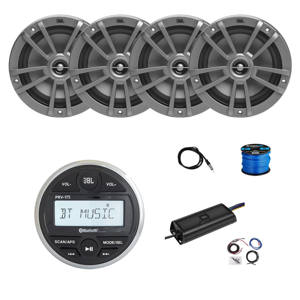 Marine Gauge Style Bluetooth AM/FM Receiver, 4X 6.5 180 Watt 2-Way Multi-Element Audio Speakers (Gray), Wire, Antenna, 4-Channel 450W Amplifier w/Kit