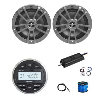Marine Gauge Style Bluetooth AM/FM Receiver, 2X 6.5 180 Watt 2-Way Multi-Element Audio Speakers (Gray), Wire, Antenna, 4-Channel 450W Amplifier w/Kit