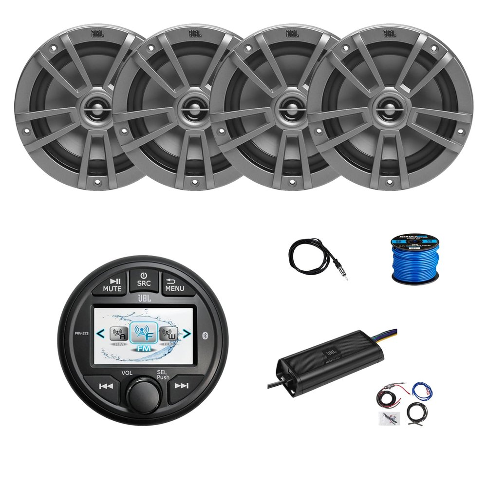 Marine Gauge Style Bluetooth AM/FM/WB Radio, 4X 6.5 180 Watt 2-Way Multi-Element Audio Speakers (Gray), Wire, Antenna, 4-Channel 450W Amplifier w/Kit