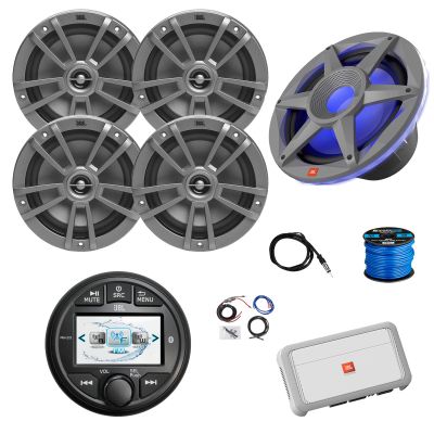 Marine Gauge Style Bluetooth AM/FM/WB Radio, 4X 6.5 180 Watt 2-Way Multi-Element Audio Speakers (Gray), Wire, Antenna, 10" Subwoofer, 4-Channel Amplifier w/Kit