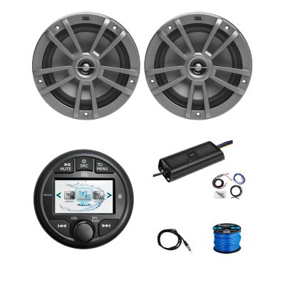 Marine Gauge Style Bluetooth AM/FM/WB Radio, 2X 6.5 180 Watt 2-Way Multi-Element Audio Speakers (Gray), Wire, Antenna, 4-Channel 450W Amplifier w/Kit