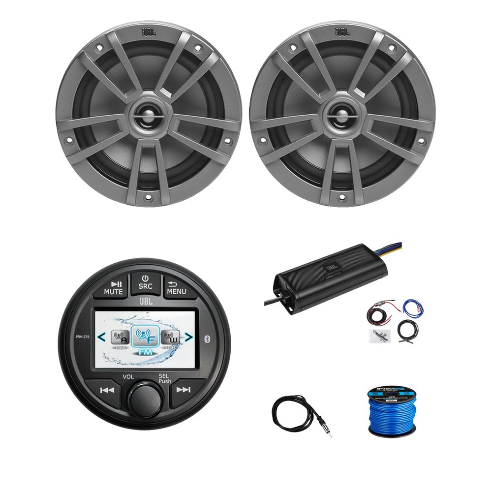 Marine Gauge Style Bluetooth AM/FM/WB Radio, 2X 6.5 180 Watt 2-Way Multi-Element Audio Speakers (Gray), Wire, Antenna, 4-Channel 450W Amplifier w/Kit