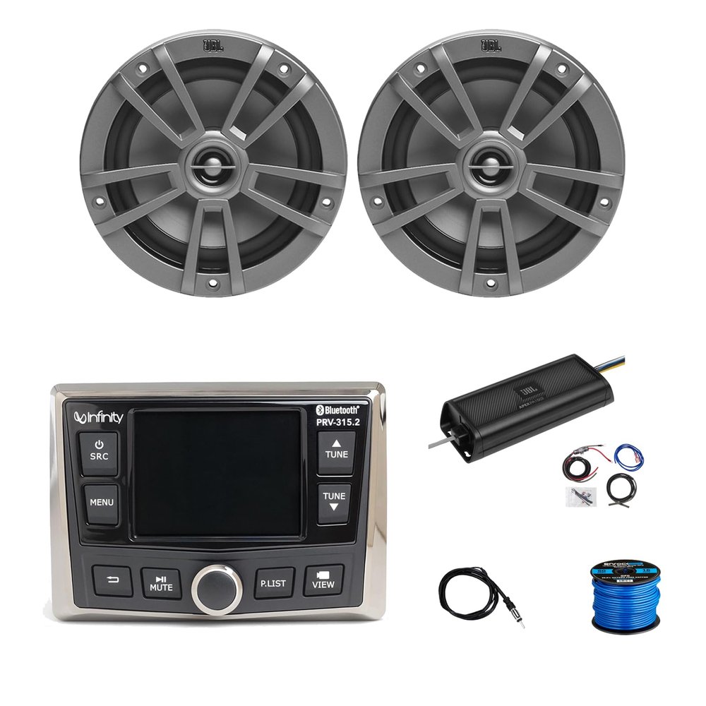 Infinity Marine Gauge Style Bluetooth AM/FM/WB Radio, 2X 6.5 180 Watt 2-Way Multi-Element Audio Speakers (Gray), Wire, Antenna, 2-Channel 750W Amplifier w/Kit