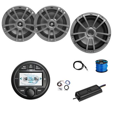 Marine Gauge Style Bluetooth AM/FM/WB Radio, 2X 6.5 180 Watt 2-Way Multi-Element Audio Speakers (Gray), Wire, Antenna, 10" Subwoofer, 4-Channel 450W Amplifier w/Kit