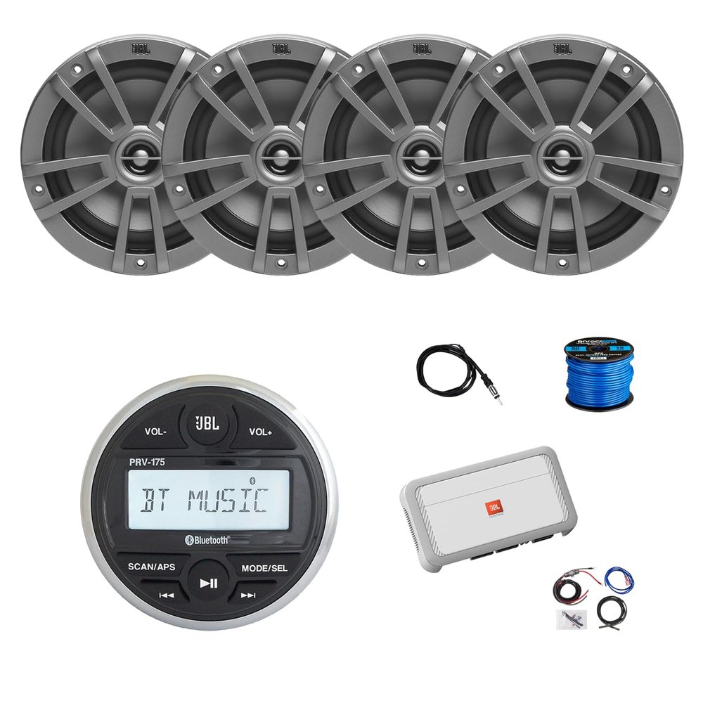 Marine Gauge Style Bluetooth AM/FM Receiver, 4X 6.5 180 Watt 2-Way Multi-Element Audio Speakers (Gray), Wire, Antenna, 4-Channel Amplifier w/Kit