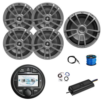 Marine Gauge Style Bluetooth AM/FM/WB Radio, 4X 6.5 180 Watt 2-Way Multi-Element Audio Speakers (Gray), Wire, Antenna, 10" Subwoofer, 4-Channel 450W Amplifier w/Kit