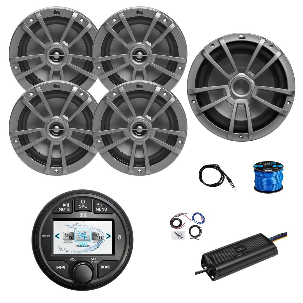 Marine Gauge Style Bluetooth AM/FM/WB Radio, 4X 6.5 180 Watt 2-Way Multi-Element Audio Speakers (Gray), Wire, Antenna, 10" Subwoofer, 4-Channel 450W Amplifier w/Kit
