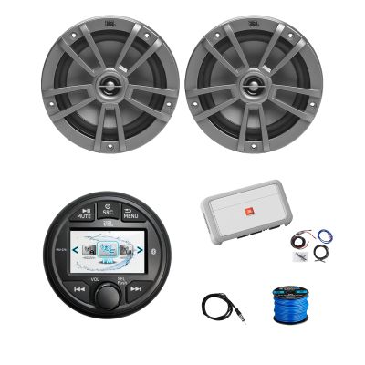 Marine Gauge Style Bluetooth AM/FM/WB Radio, 2X 6.5 180 Watt 2-Way Multi-Element Audio Speakers (Gray), Wire, Antenna, 4-Channel Amplifier w/Kit