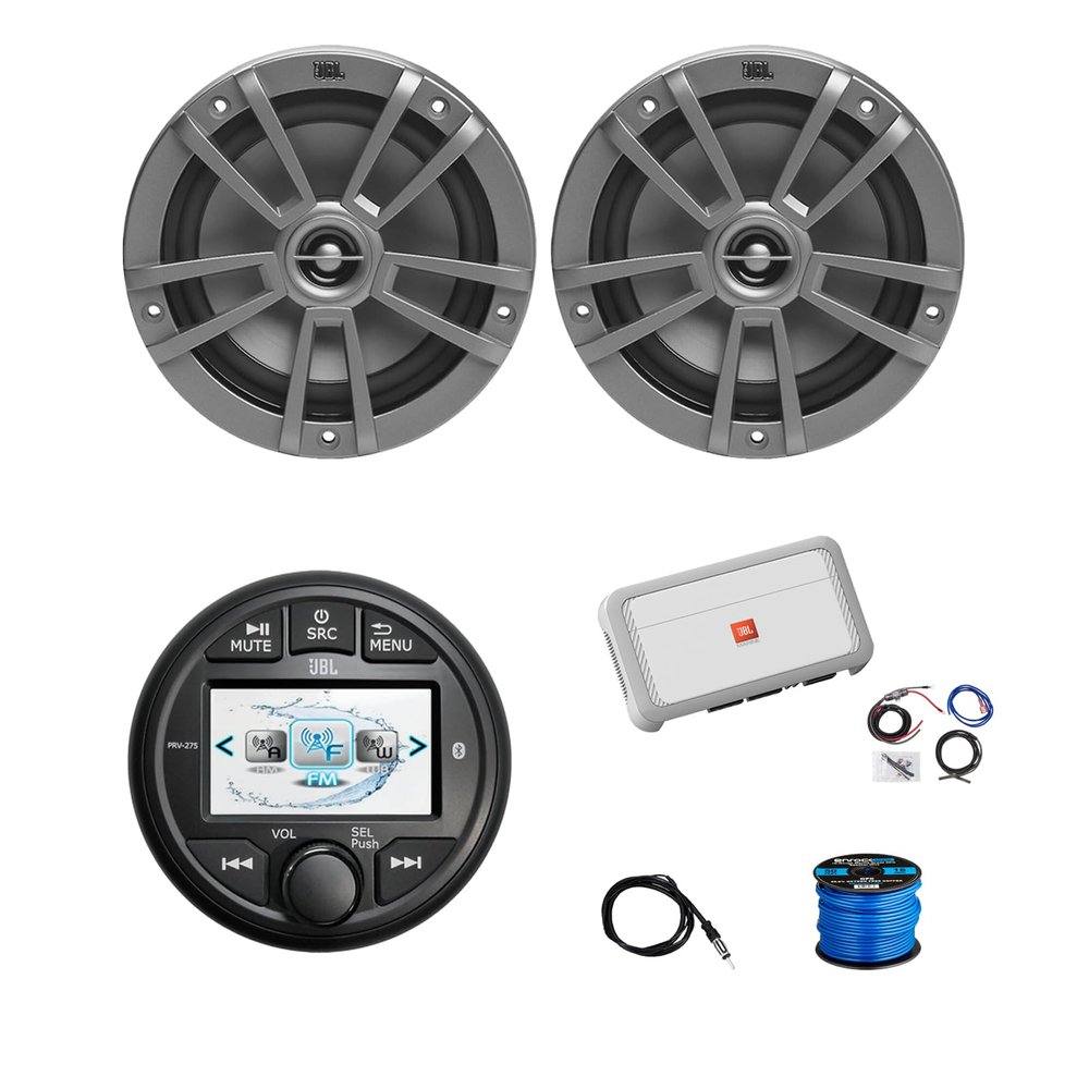 Marine Gauge Style Bluetooth AM/FM/WB Radio, 2X 6.5 180 Watt 2-Way Multi-Element Audio Speakers (Gray), Wire, Antenna, 4-Channel Amplifier w/Kit