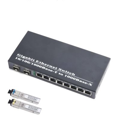 WSOLDMA Gigabit SFP Media Converter - 2 SFP to 8 RJ45 Transceiver, 10/100/1000M Fiber Optic Switch with 3KM/20KM LC/SC SFP Module (1PCS & SC 20KM Kit)