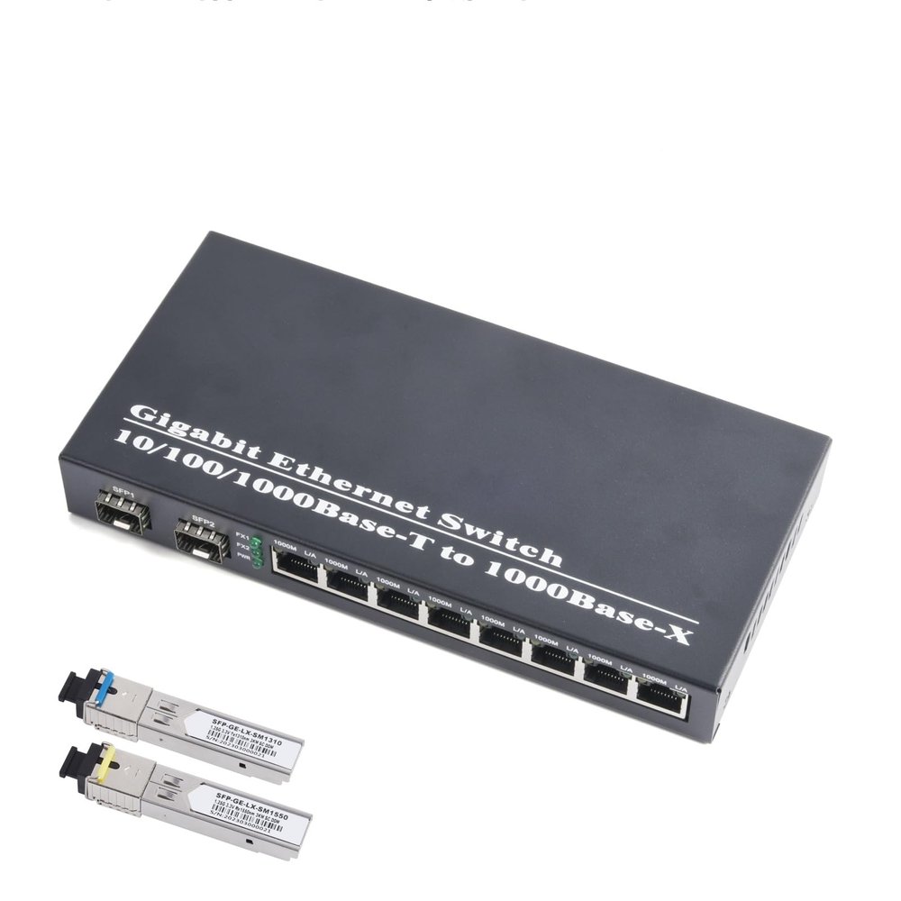 WSOLDMA Gigabit SFP Media Converter - 2 SFP to 8 RJ45 Transceiver, 10/100/1000M Fiber Optic Switch with 3KM/20KM LC/SC SFP Module (1PCS & SC 20KM Kit)