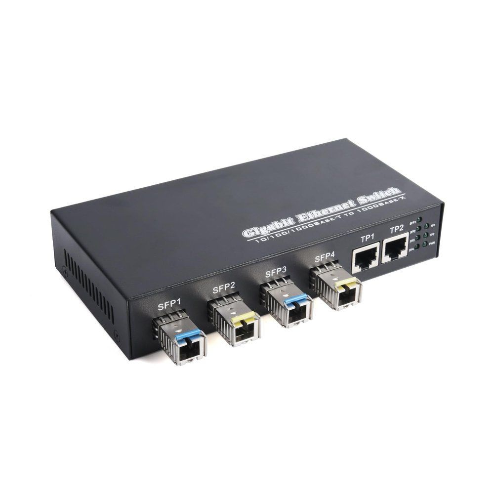 WSOLDMA Gigabit SFP Media Converter - 4 SFP to 2 RJ45 Transceiver, 10/100/1000M Fiber Optic Switch with 3KM/20KM LC/SC SFP Module (1PCS & LC 3KM Kit)