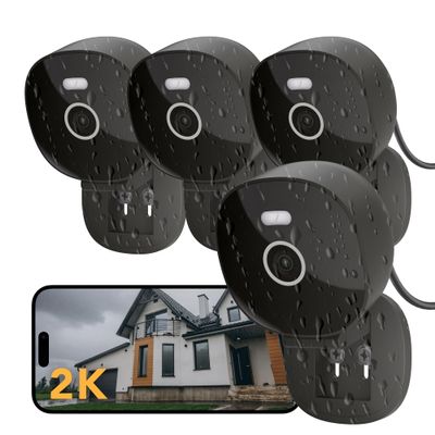 FAMVIVA 2K Security Camera Wired, Outdoor/Indoor for Home, Pet, Baby, Nanny, IP65 Waterproof Color Night Vision, White Light & Siren, Recording, Motion Detection, Compatible with Alexa,Black-4P
