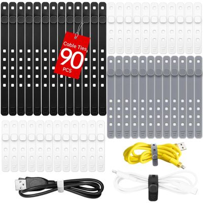 AROIC 90Pcs Silicone Cable Ties with 3 Sizes,Reusable and Washable with Adjustable Locking Buckle Design, Cord Organizer for Home, Office, Travel Essential, School (3 Colors)