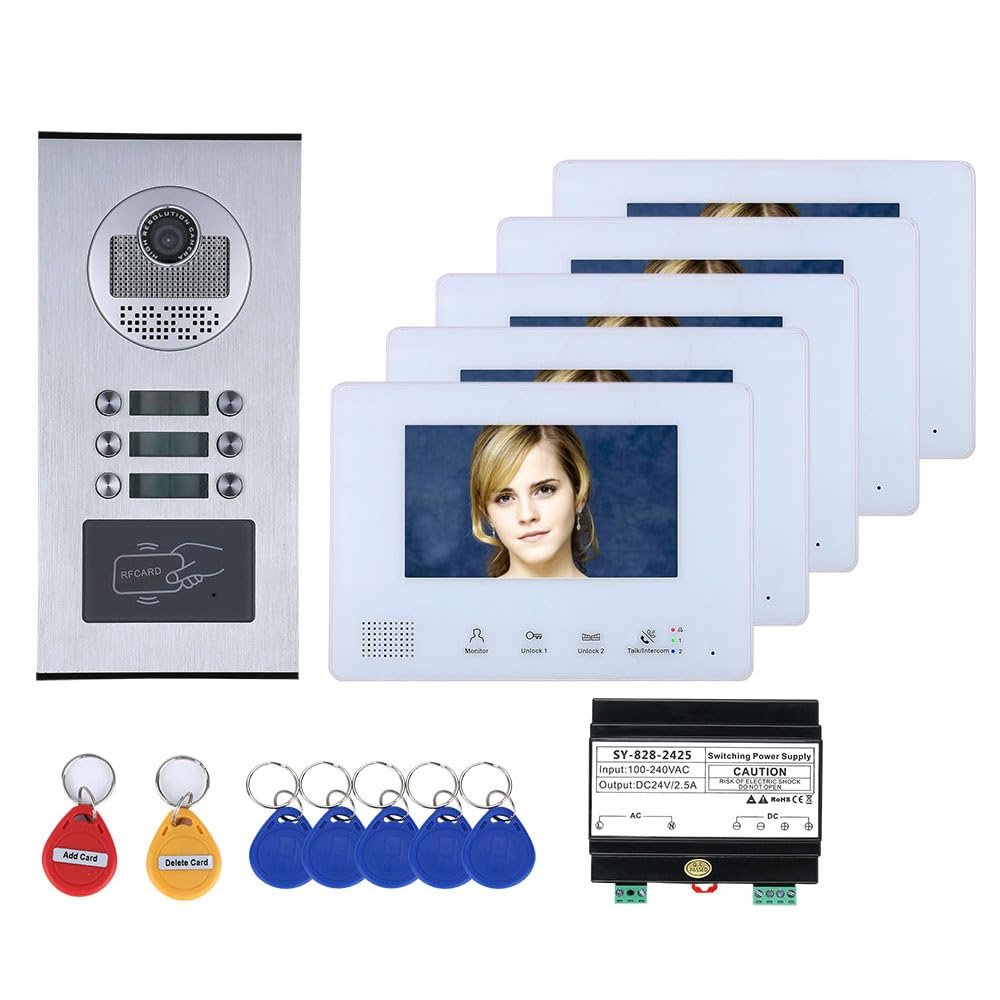 5-Unit Home Apartment Visual Intercom Doorbell System,7" LCD Screen Bus 2pin Wired Video Door Phone Kit,for Home Night Vision(1 Doorbell+5 Monitor)