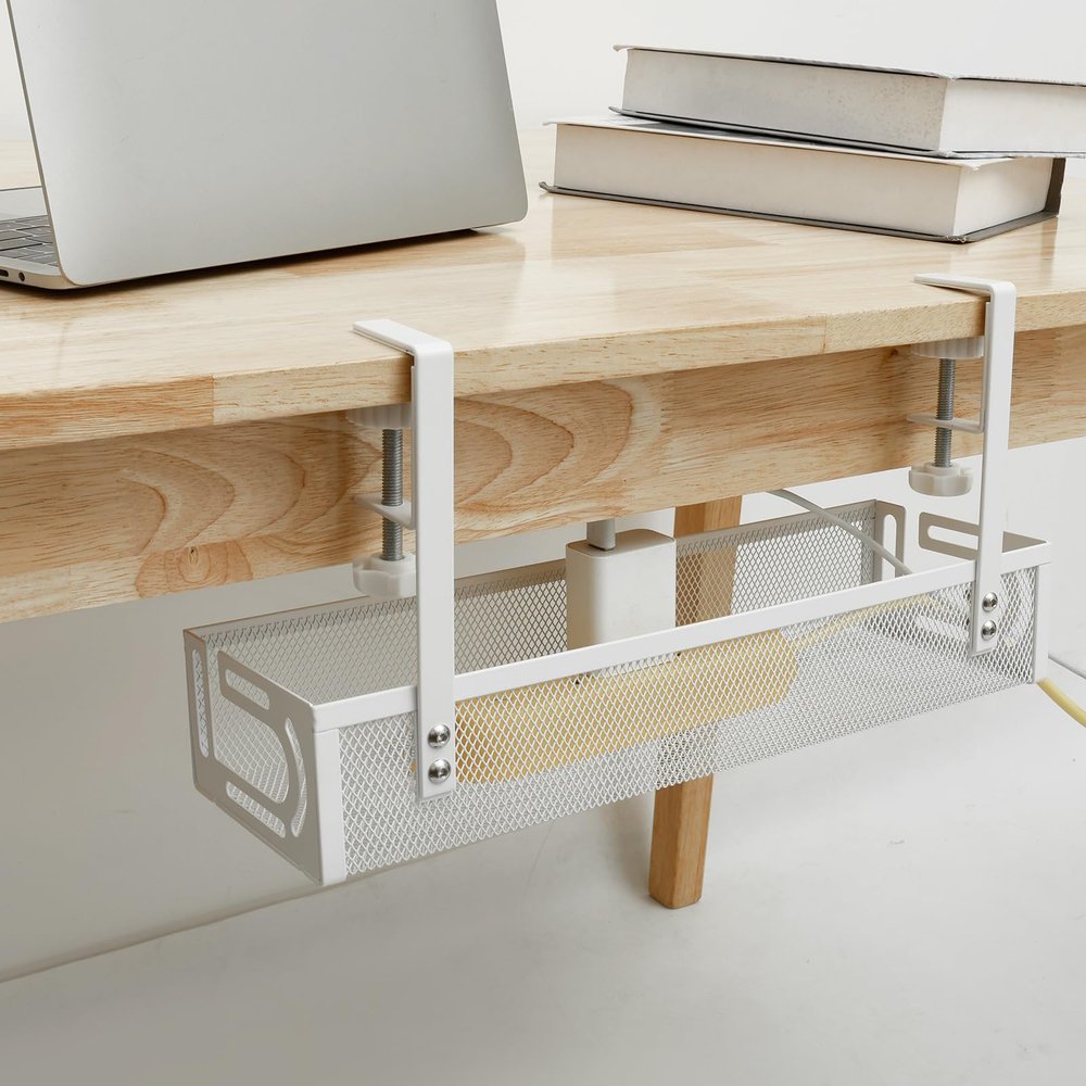 KTZCTPCA Under Desk Cable Management Tray, Easy to Install Steel Table Wire Organizer, Reducing Dust Power Strip Holder, Wires Management Tray Wire Tamer for Home Office Desk Cable Hide (White)