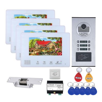 4-Unit Home Apartment Visual Intercom Doorbell System,7" LCD Screen Bus 2pin Wired Video Door Phone Kit,for Home Night Vision+ Cathode Lock(1 Doorbell+4 Monitor)