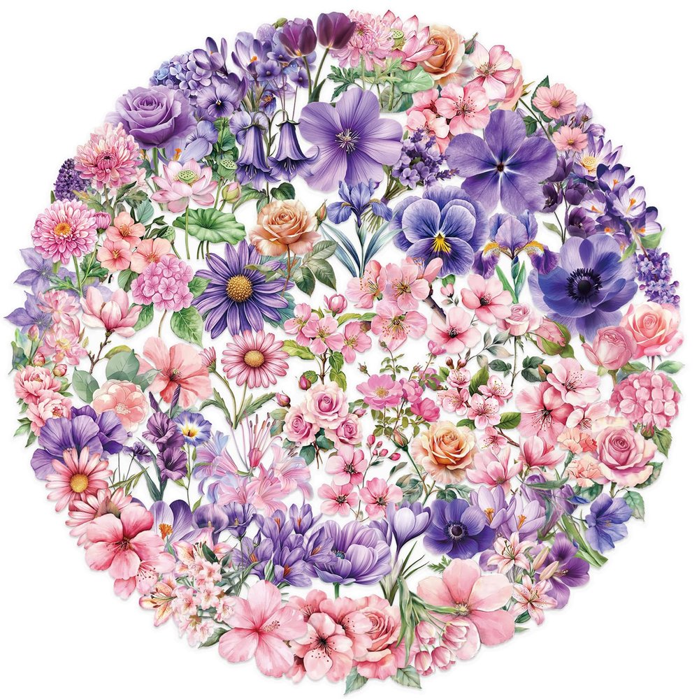 100PCS Cute Flower Transparent Stickers Pack,Aesthetic Pink and Purple Flower Decor for Laptop Gifts for Kids Teens Adults Waterproof Vinyl PET Nature Stickers for Notebook Phone Bike Party Favors