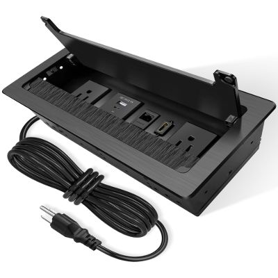 Conference Table Power Hub with 9.8FT Power Cord, Table Top Box with 2 AC Power+2 USB-A Charger+1 HDMI+1 RJ45(CAT6)+1 Audio, Tabletop Multimedia Connectivity Box for Conference Room