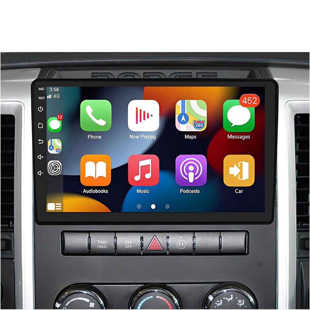 10 inch Car Radio Stereo for Dodge Ram 1500/2500/3500 2009 2010 2011 2012 with Wireless Carplay Android Auto IPS Touchscreen GPS Bluetooth FM SWC Backup Camera